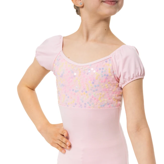 Capezio Lotus leotard, kwiatowy trykot dziewczęcy z krótkim rękawkiem Capezio Lotus leotard, kwiatowy trykot dziewczęcy z krótkim rękawkiem