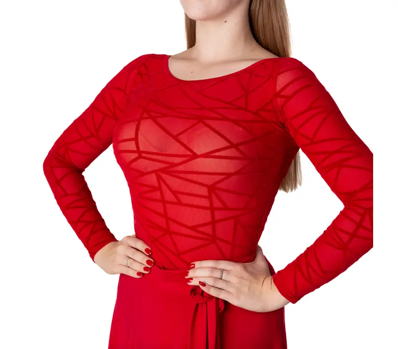 Karla line, damskie body w stylu latynoskim z długim rękawem - Czerwony - red